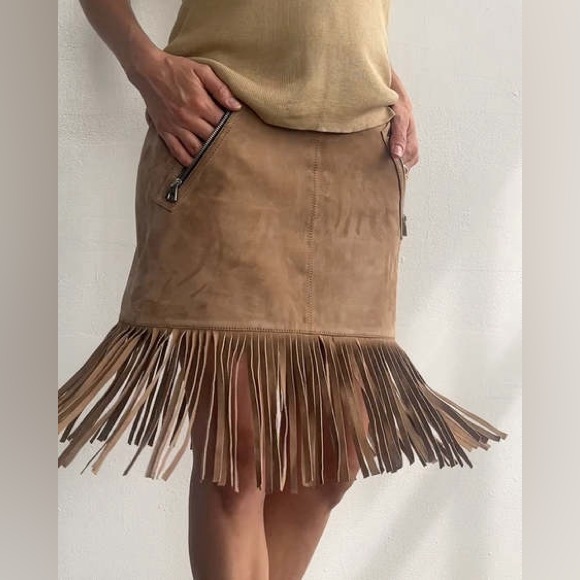 Barbara Bui Lambskin Fringe Skirt Suede Leather Brown Zip Women's Size 42